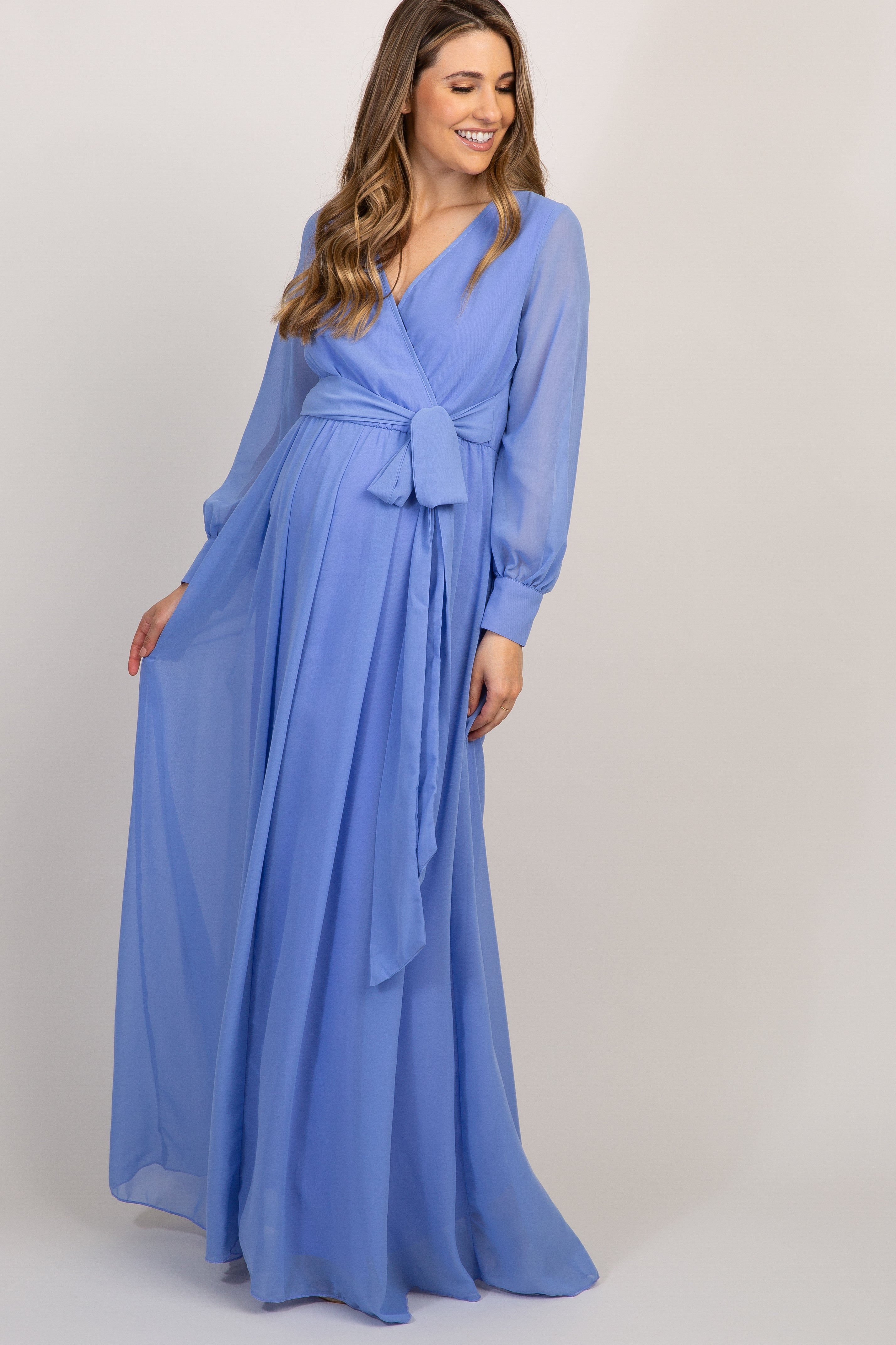 Periwinkle Chiffon Long Sleeve Pleated ...